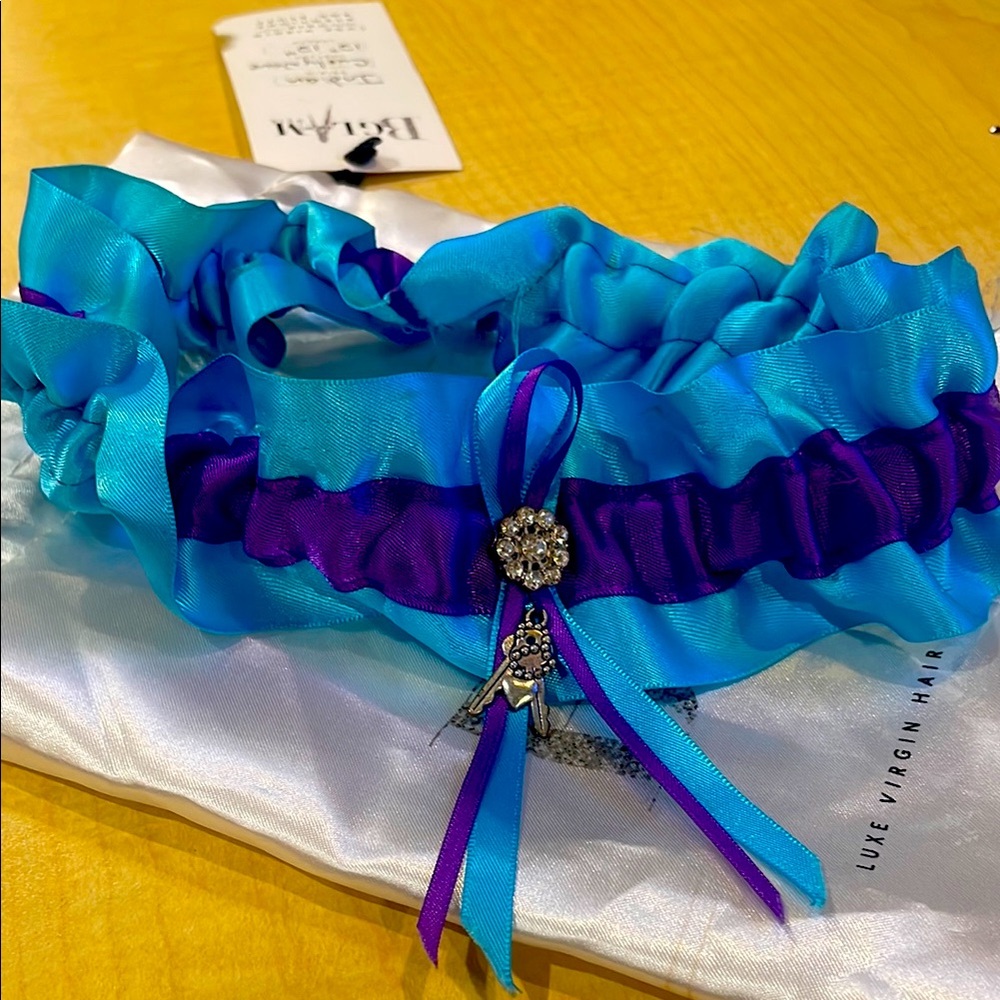 Blue and Purple Satin Garter with Rhinestone Charm